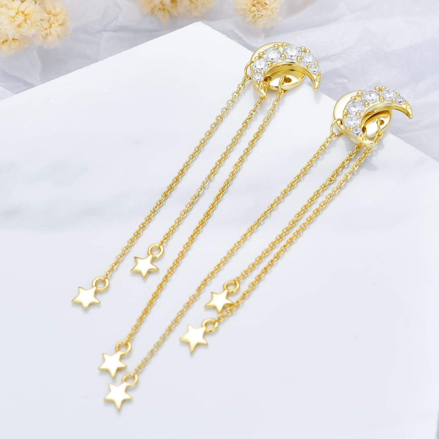 925 Sterling Silver Crescent Moon & Stars Chain Drop Stud Earrings for Women Girls Gift Set-0-1