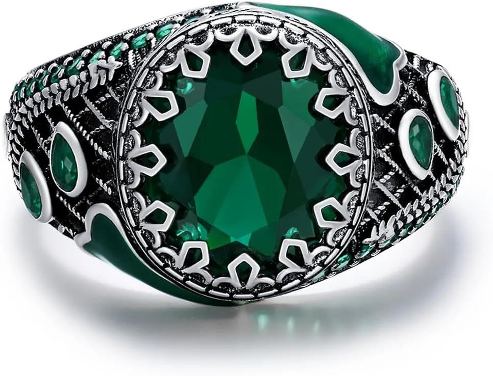Sterling Silver Emerald Round Ring for Men Vintage Retro Jewelry Gift-0-0