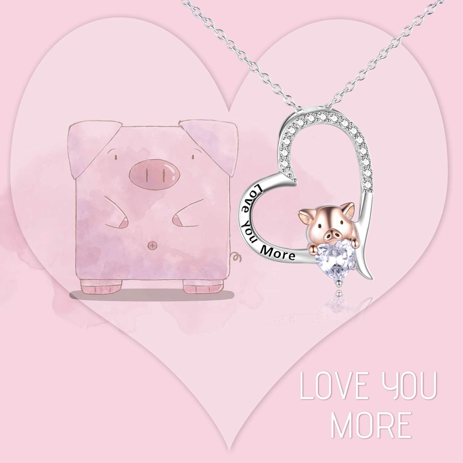 Sterling Silver CZ Pig Pendant Heart Necklace for Women Birthday Gifts-0-1