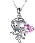 wholesale 925 Sterling Silver Pink CZ Heart Angel Pendant Necklace for Women-0-0
