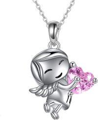 wholesale 925 Sterling Silver Pink CZ Heart Angel Pendant Necklace for Women-Angel