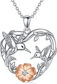 wholesale 925 Sterling Silver Heart-Shaped Hummingbird & Flower Pendant Necklace with Rose Gold Accents and CZ Stone-White-Diamond