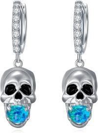 wholesale 925 Silver Skull Hook Earrings 14mm Punk Rock Halloween Jewelry Gift for Women Men-Green Turquoise