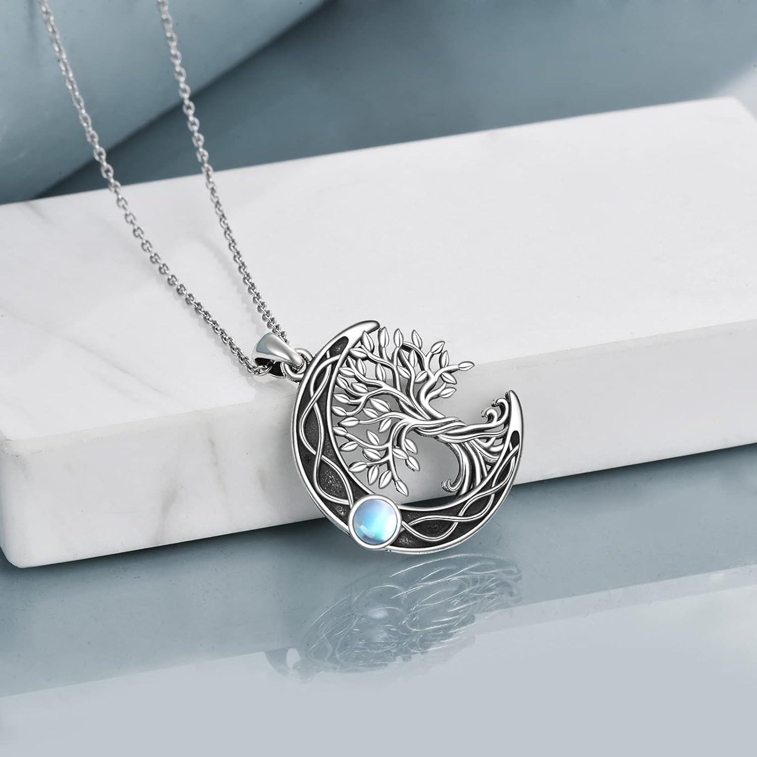 925 Sterling Silver Moonstone Celtic Knot Tree of Life Pendant Necklace-0-3
