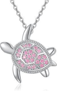 wholesale S925 Sterling Silver 12-Month Birthstone Turtle Necklace with October Gemstone for Faithfulness & Confidence-6-October(Pink)