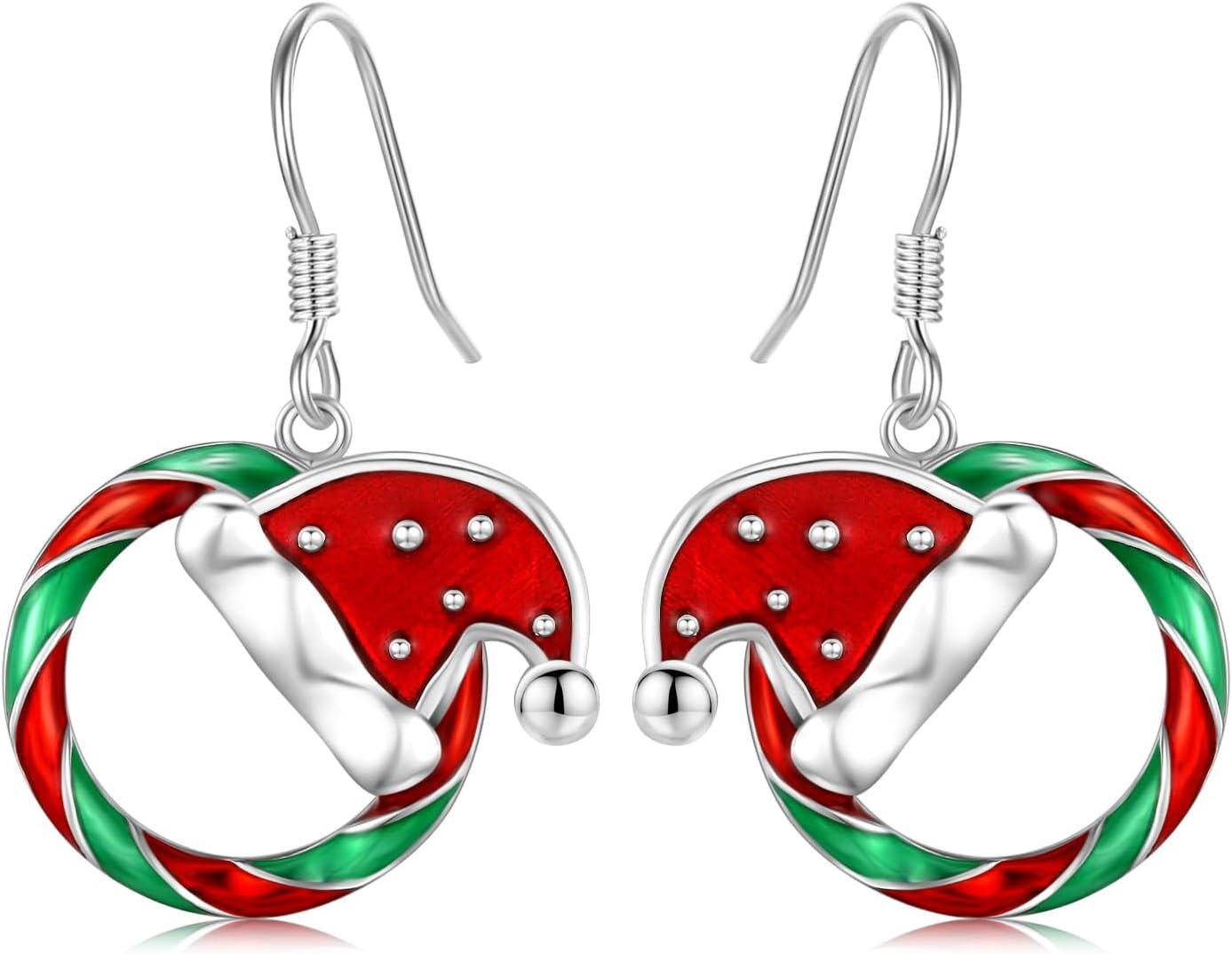  Sterling Silver Snowman Deer Santa Claus Santa Hat Dangle Earrings Christmas Jewelry Gifts -Santa Hat