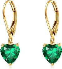 wholesale 14K Gold Green Crystal Heart Leverback Dangle Earrings for Women's Gifts-Emerald with Gold