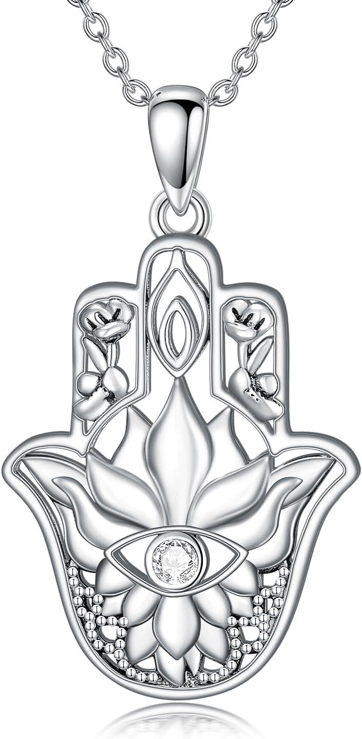 Sterling Silver Lotus Evil Eye Hamsa Necklace Hand of Fatima Pendant Jewelry for Women-Lotus