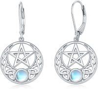 wholesale 925 Sterling Silver Celtic Pentagram & Moonstone Leverback Filigree Trinity Drop Earrings-Star Earrings