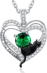 wholesale Sterling Silver Birthstone Cat Projection Heart Pendant Necklace-05 May - Emerald-05 May - Emerald