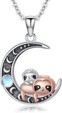 wholesale 925 Sterling Silver Sloth and Panda on Crescent Moon Charm Necklace with Blue Stone Accent-Moonstone two sloth