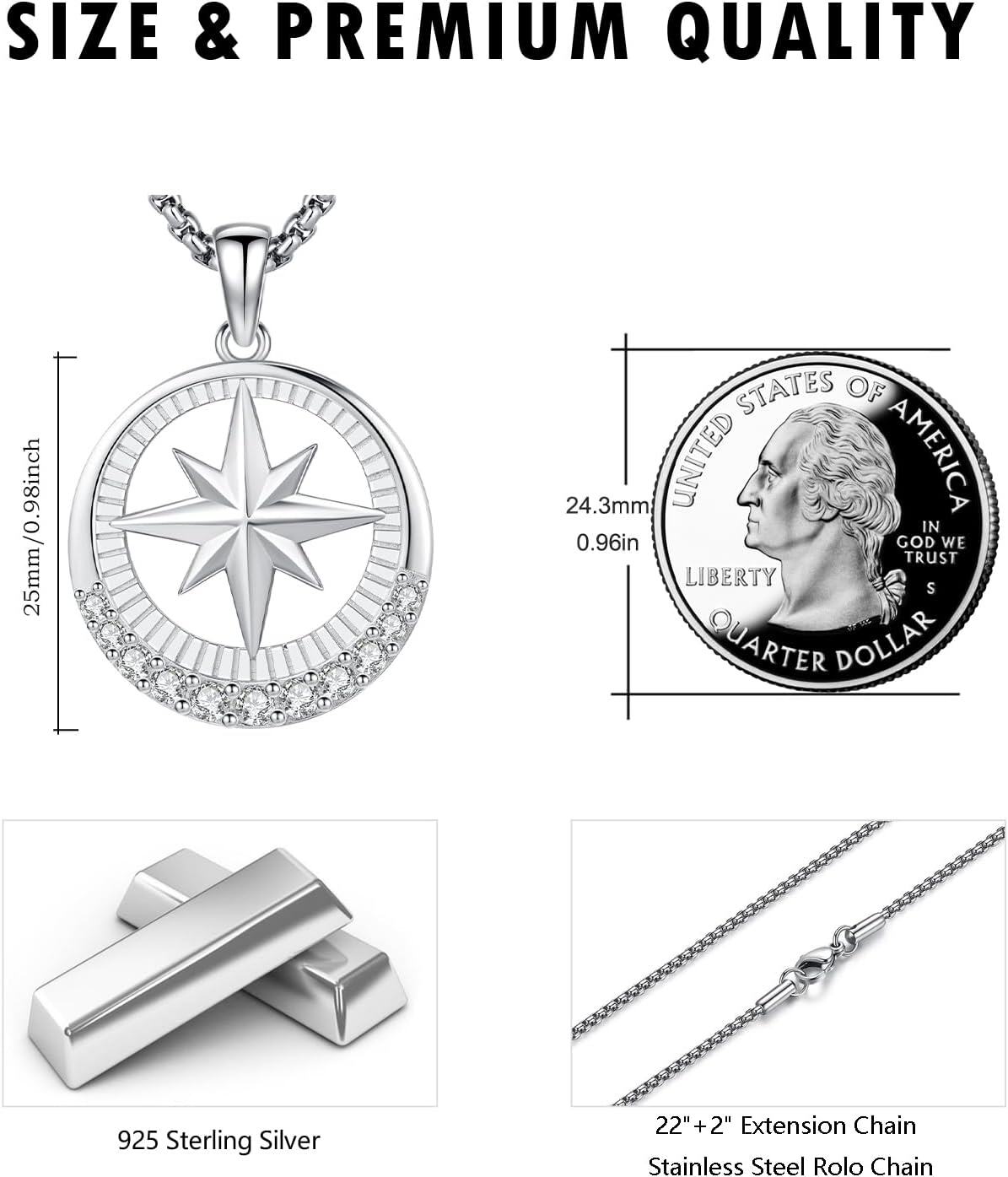 wholesale 925 Sterling Silver Stainless Steel Compass Star Pendant Necklace with Cubic Zirconia Accents-0-3