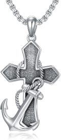 wholesale 925 Sterling Silver Mens Cross Necklace w/ 3D Anchor & Rope Design Pendant-0-0
