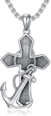 wholesale 925 Sterling Silver Mens Cross Necklace w/ 3D Anchor & Rope Design Pendant-Anchor Cross