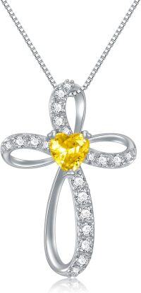 wholesale 925 Sterling Silver Birthstone Cross Necklace for Women Birthday Mother s Day Gift ( )-11-Nov Birthstone - Citrine