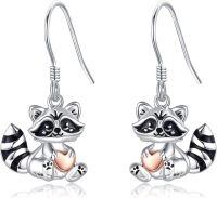 wholesale 925 Sterling Silver Raccoon Dangle Earrings with Heart Charm-Raccoon