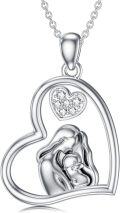 wholesale 925 Sterling Silver Mother and Child Heart Pendant Necklace with Cubic Zirconia for Women-0-0