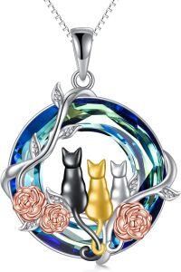 wholesale Sterling Silver Blue Crystal Cat Necklace for Women Mom Birthday Gift-3 Cat