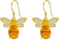 wholesale 925 Sterling Silver Citrine & Cubic Zirconia Honeybee Leverback Dangle Earrings for Women-Gold Bee