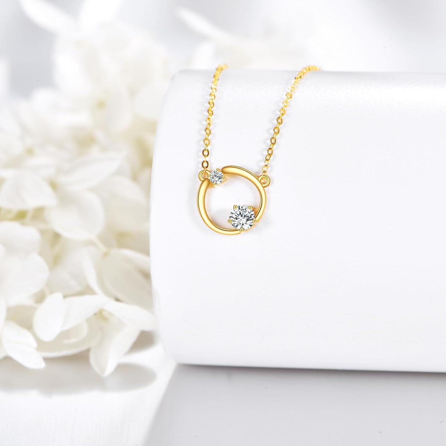 14K Gold CZ Circle Pendant Necklace for Women-0-3