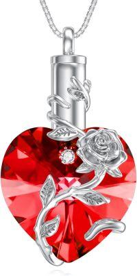 wholesale 925 Sterling Silver Birthstone Heart Rose Flower Urn Necklace for Ashes Memorial Jewelry-07-July-Ruby
