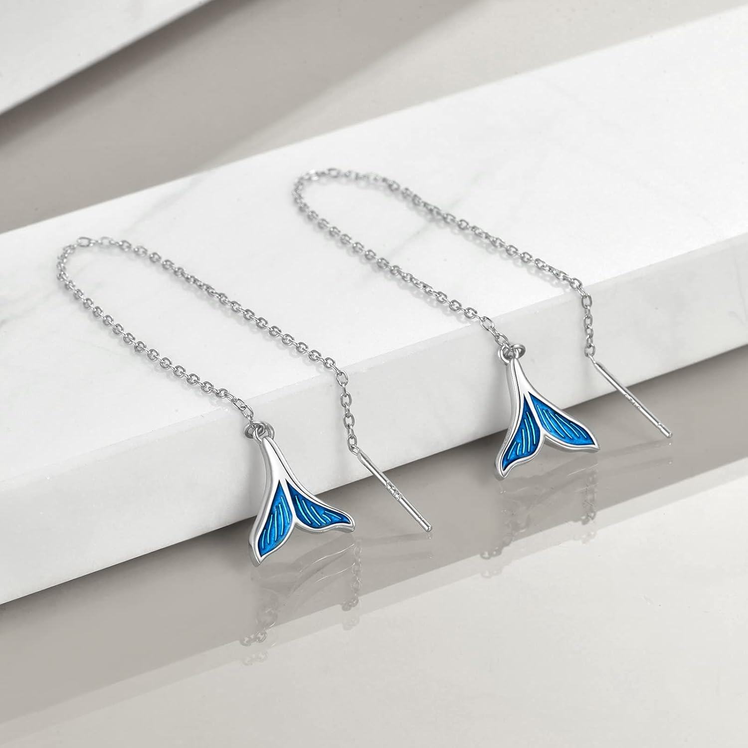 925 Sterling Silver Blue Enamel Mermaid Tail Drop Dangle Threader Earrings with Chain s for Women-0-1