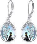 wholesale 925 Sterling Silver Moonstone Black Cat Filigree Dangle Leverback Teardrop Earrings for Women - Cute Animal Gifts for Cat Lovers-0-0