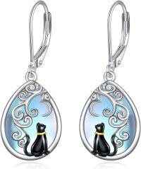 wholesale 925 Sterling Silver Moonstone Black Cat Filigree Dangle Leverback Teardrop Earrings for Women - Cute Animal Gifts for Cat Lovers-Black Cat