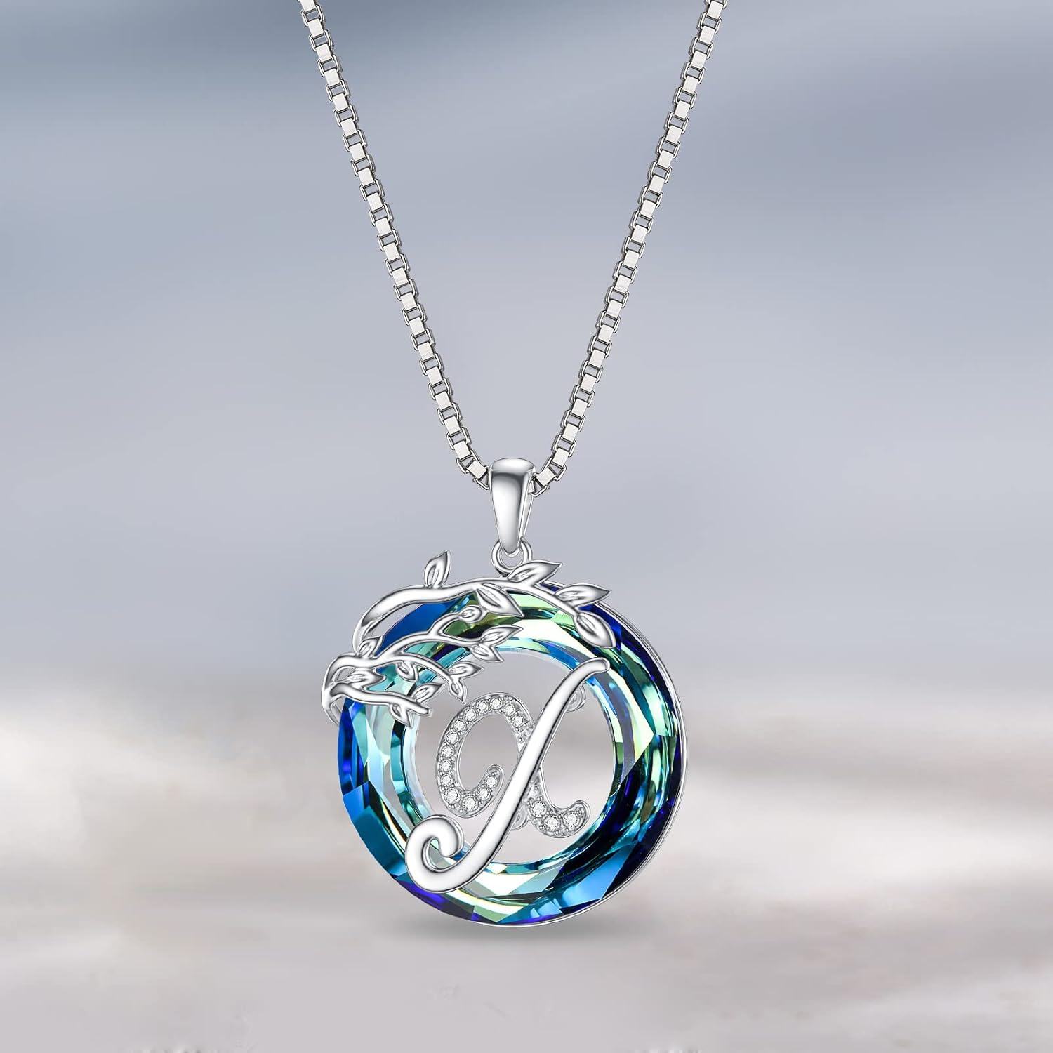 Sterling Silver Blue Crystal Tree of Life A Z Letter Pendant Necklace-0-4