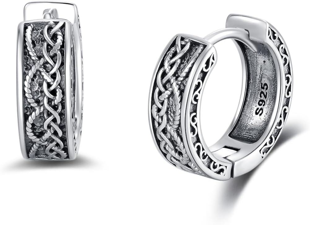 Sterling Silver Viking Earrings Huggie Hoop with Stone Vintage Jewelry Gifts for Men Women Boys Girls-0-0