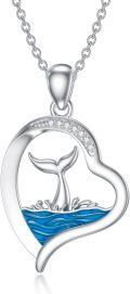 wholesale 925 Sterling Silver Blue Enamel Whale Tail Ocean Wave Heart Pendant Necklace for Women-0-0