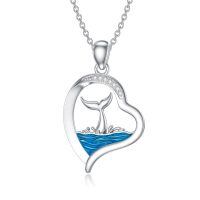 wholesale 925 Sterling Silver Mermaid Whale Tail Heart Pendant Necklace With Lab Moissanite Blue Ocean Wave-c