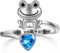 wholesale 925 Sterling Silver Heart CZ Frog Adjustable Rings for Women-Frog-Blue CZ
