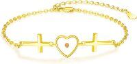 wholesale Gold 925 Sterling Silver Mustard Seed Faith Bracelet with Christian Cross and Heart Charm for Women-Gold Heart Mustard Seed