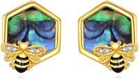 wholesale 925 Sterling Silver Hexagon Bee Stud Earrings with Crystal Accents - Honeycomb Design Gift for Her-Bee earring abalone