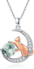 wholesale 925 Sterling Silver Moon & Cat Charm Necklace - Green Stone Pendant  for Her-0-0