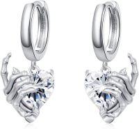 wholesale 925 Sterling Silver Heart-Shaped Crystal Skeleton Hands Huggie Hoop Earrings for Women Girls - Gothic Style Halloween Costume Accessories Gift Ideas-White Gold Plated and White