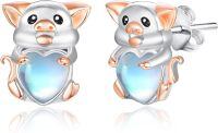 wholesale 925 Sterling Silver Heart-Shaped Pig Moonstone Stud Earrings for Women - Hypoallergenic Gift Idea-Pig