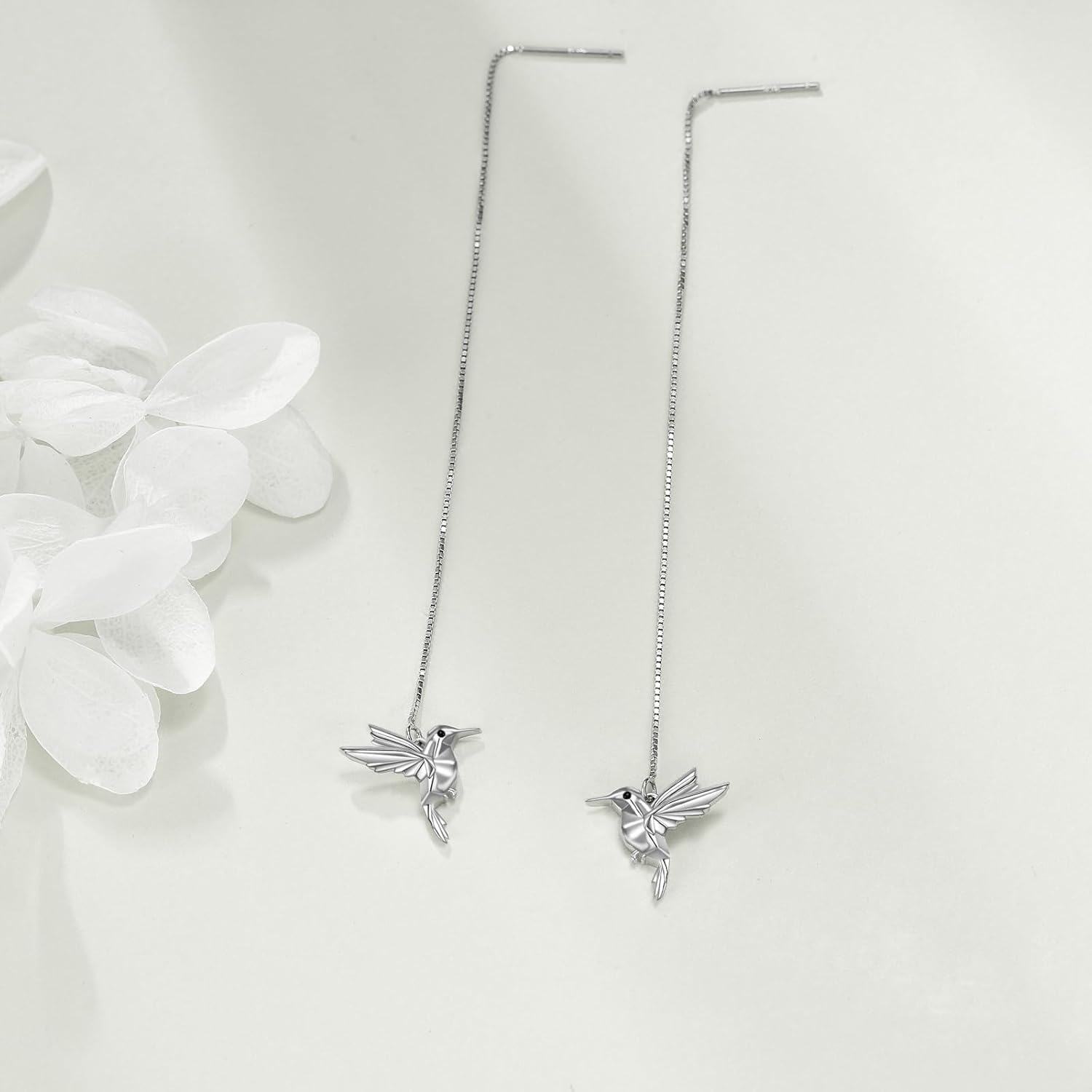 925 Sterling Silver Origami Tassel Drop Dangle Earrings Hummingbird Threader Jewelry Gift-0-2