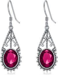 wholesale 925 Sterling Silver 10mm Oval Cut Birthstone Oxidized Filigree Dangle Earrings-07-Ruby-Red