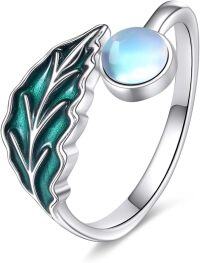 wholesale 925 Sterling Silver Moonstone Adjustable Open Ring Faith Chakra Cross Leaf Jewelry Gift-moonstone leaf