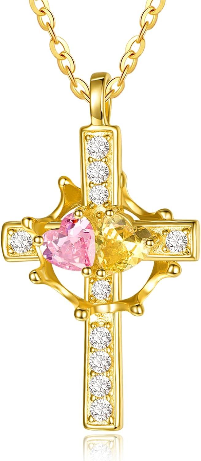 Sterling Silver Birthstones Gold Cross Necklace for Women -10-11-Oct-Nov-10-11-Oct-Nov