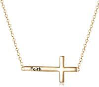 wholesale 14K Gold Sideways Cross Necklace for Women, Dainty Yellow Gold Engraved Faith Sideways Cross Choker Pendant Adjustable Jewelry for Her, 14-17-Yellow gold