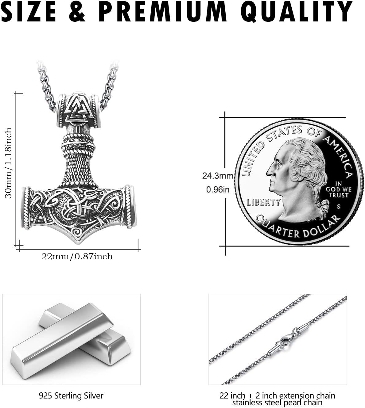 wholesale 925 Sterling Silver  Viking Thors Hammer Pendant Norse Jewelry for Men Women with Stainless Steel Chain-0-3