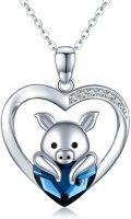 wholesale 925 Sterling Silver Heart-Shaped Blue Crystal Pig Pendant Necklace for Women and Girls' Birthday Gifts-0-0