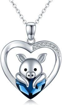 wholesale 925 Sterling Silver Heart-Shaped Blue Crystal Pig Pendant Necklace for Women and Girls' Birthday Gifts-Pig Lying on Heart