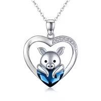 wholesale 925 Sterling Silver Heart-Shaped Blue Crystal Pig Pendant Necklace for Women and Girls' Birthday Gifts-Pig Lying on Heart