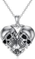 wholesale 925 Sterling Silver Heart-Shaped Double Skull Pendant Necklace with Rose Design - Gothic Jewelry for Women-0-0