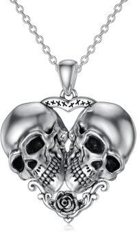 wholesale 925 Sterling Silver Heart-Shaped Double Skull Pendant Necklace with Rose Design - Gothic Jewelry for Women-A-skull