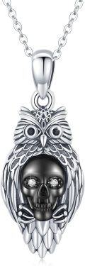 wholesale 925 Sterling Silver Blackened CZ Eyes Owl Skull Pendant Necklace 43cm Chain-0-0